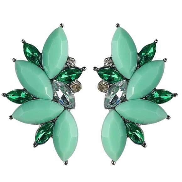 Gun Metal Black with Mint and Emerald Crystal 80's Punk Rock Starburst Earrings